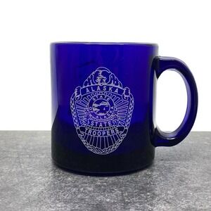 Vintage Cobalt Blue Glass 10 oz Coffee Mug‎ Alaska State Map Troopers Badge USA